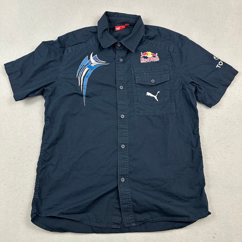 Red Bull Racing Shirt Men Large Blue Graphic Short Sleeve Button Up L